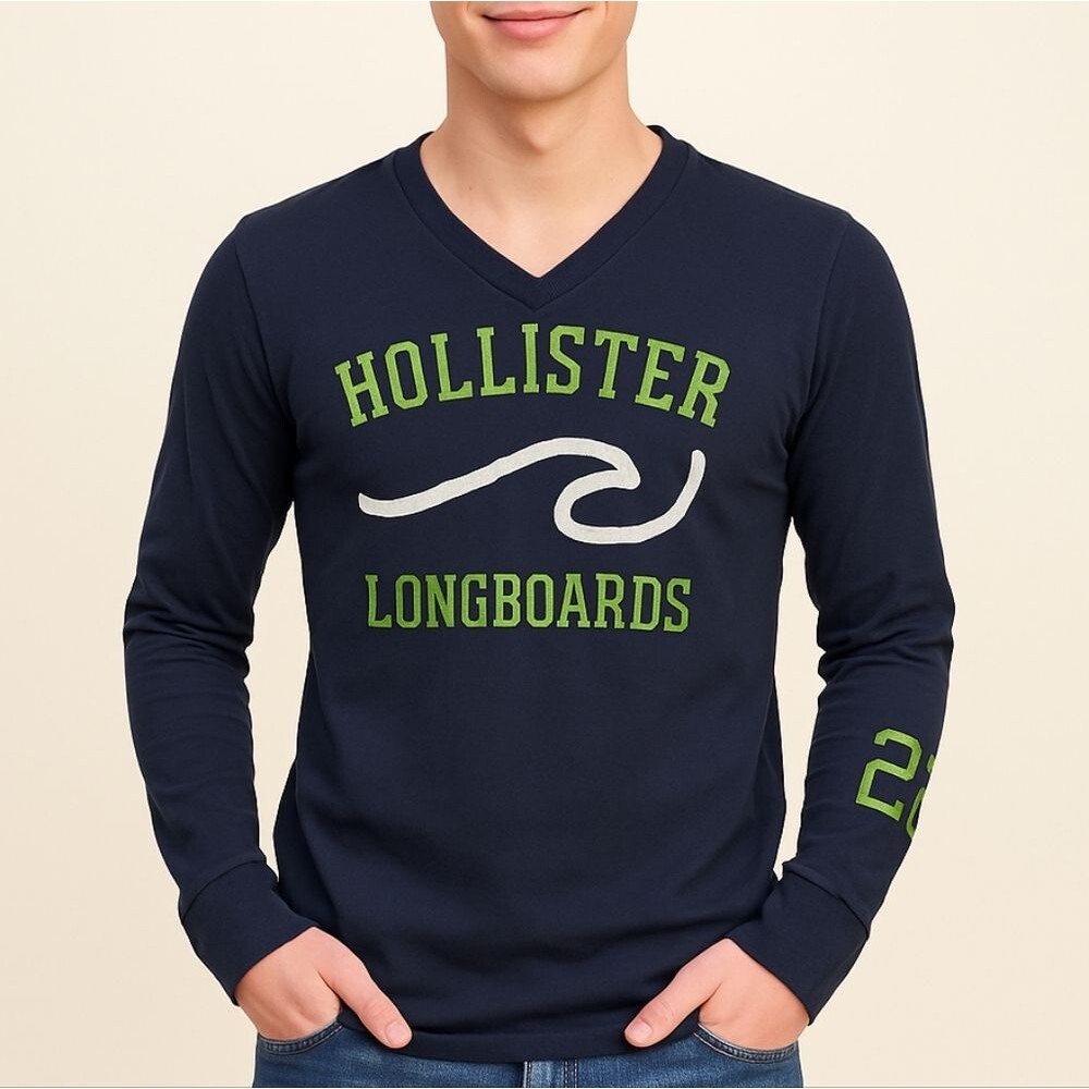 Hollister Longboards Navy Blue Graphic Tee L L/S Y2K Retro Skater Preppy Surfcor